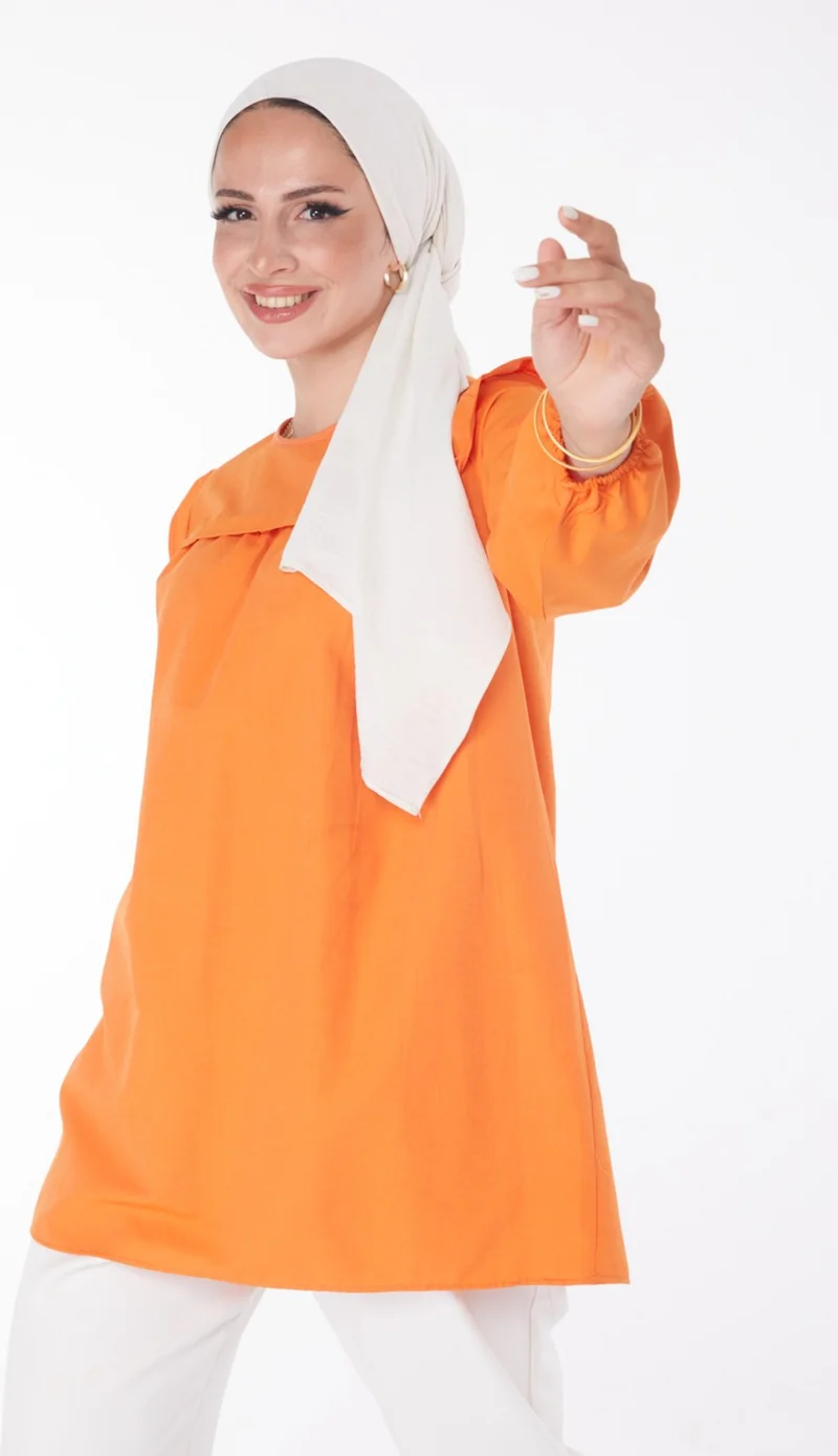 Tofisa Plain Crew Neck Women's Orange Ruffle Detail Tunic - 13142