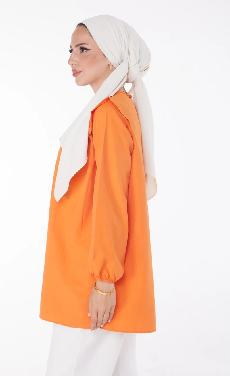 Tofisa Plain Crew Neck Women's Orange Ruffle Detail Tunic - 13142