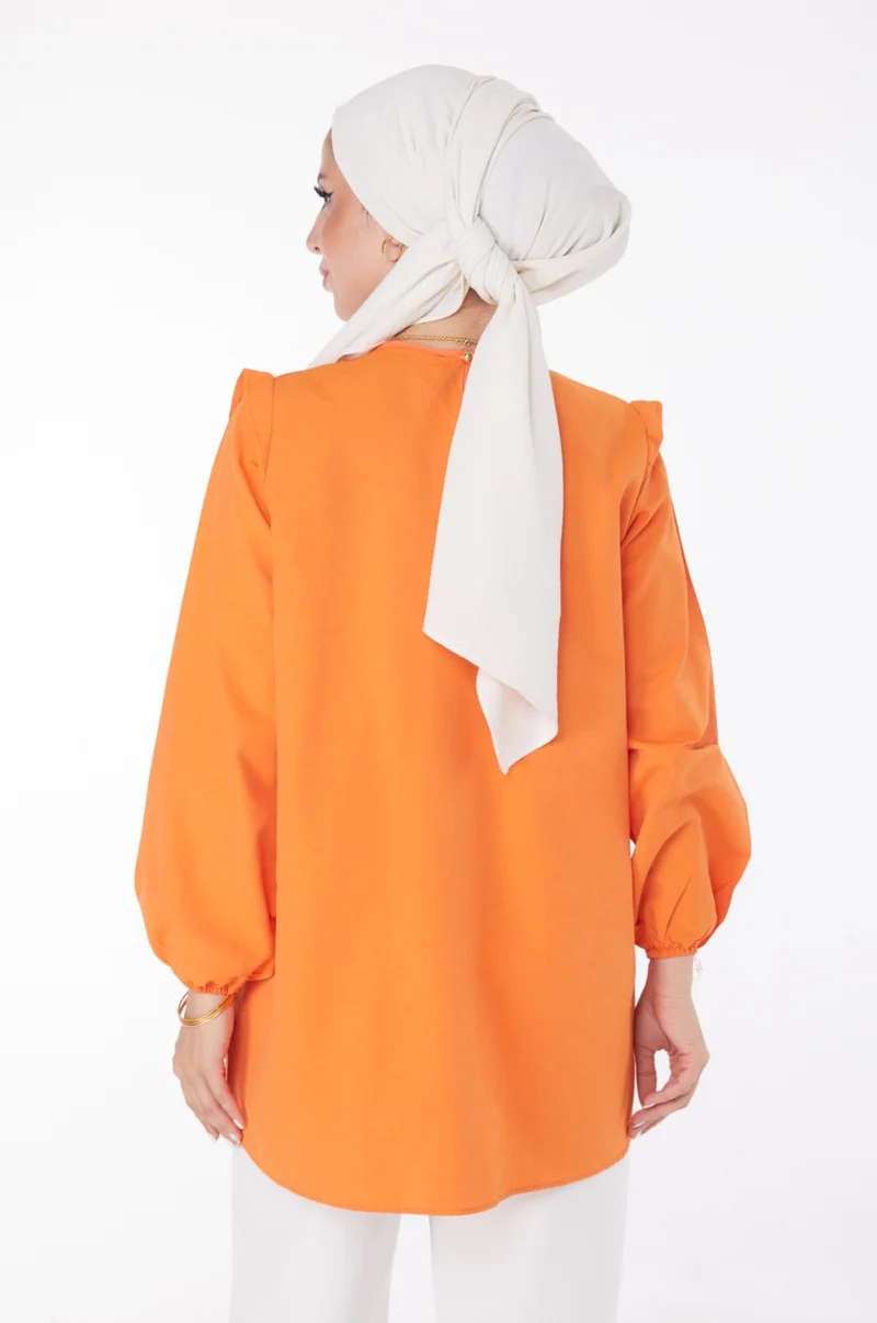 Tofisa Plain Crew Neck Women's Orange Ruffle Detail Tunic - 13142