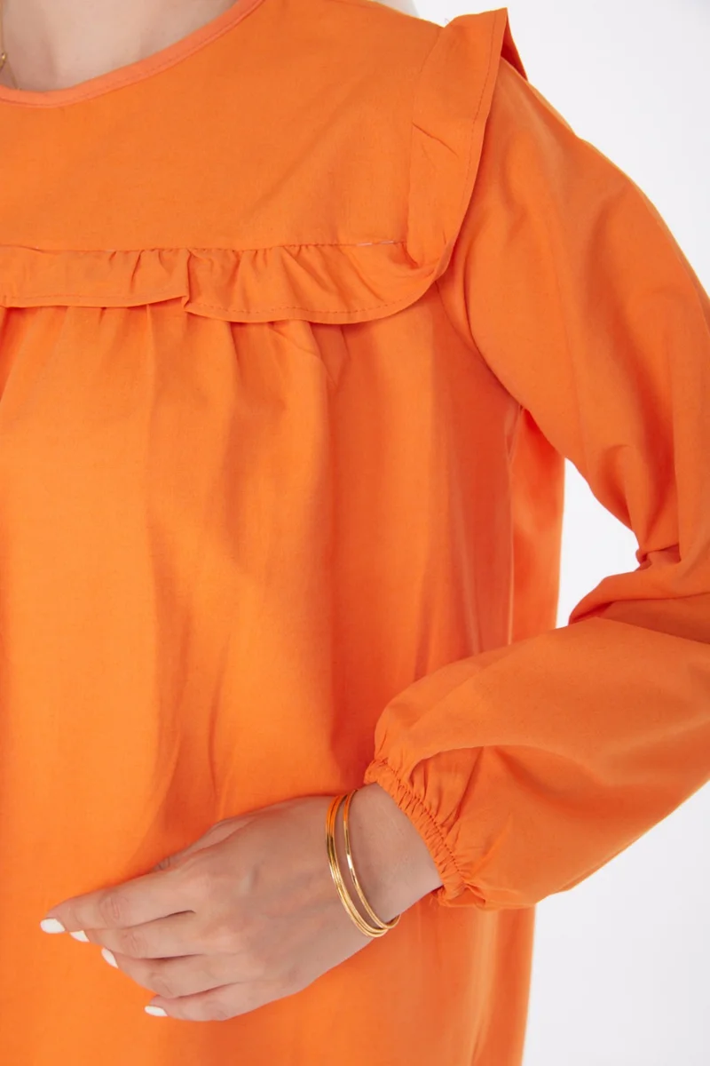 Tofisa Plain Crew Neck Women's Orange Ruffle Detail Tunic - 13142