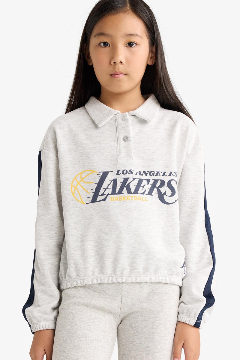 DeFacto Grey Girl Girl NBA Los Angeles Lakers Relax Fit Polo Sweatshirt Casual - Image 1