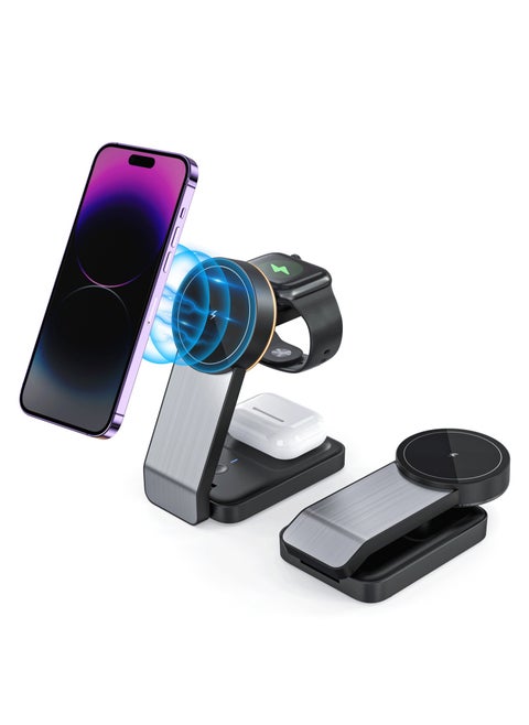 Magnetic Charging Station, Wireless Charger for Magsafe Charger Stand for iPhone 15/14/13 Pro Max, Charging Station for APPLE Watch 8/7/6, Foldable 3 in-1 Mag Safe Charger with Indicator Light