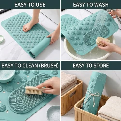 JUGTE Anti Skid Mat for Bathroom Floor Shower mats for Bathroom Anti Slip with Foot Scrubber Bath mat Anti Slip with Suction Cups & Drain Holes (70x35 Cm) (Green) - Image 5