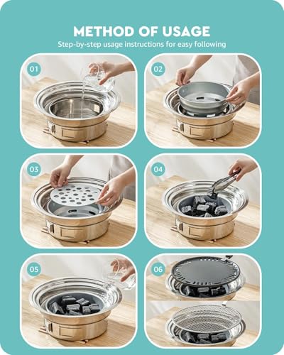 Baffect BBQ Charcoal Grill, 13.7 inch Non-stick Stainless Steel Korean Barbecue Grill, Portable Charcoal Stove for Outdoors Camping Picnic and Indoor Party Cooking - Image 3