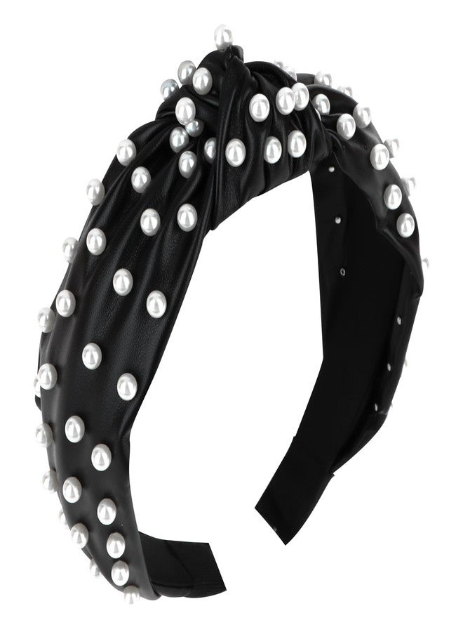YISSION 1PC Pearl Knotted Headband for Women Non Slip Beaded Headband Wide Leather Headbands for women Jeweled Embellished Hairband Black Head Band Hair Accessories for Women Girls - Image 1
