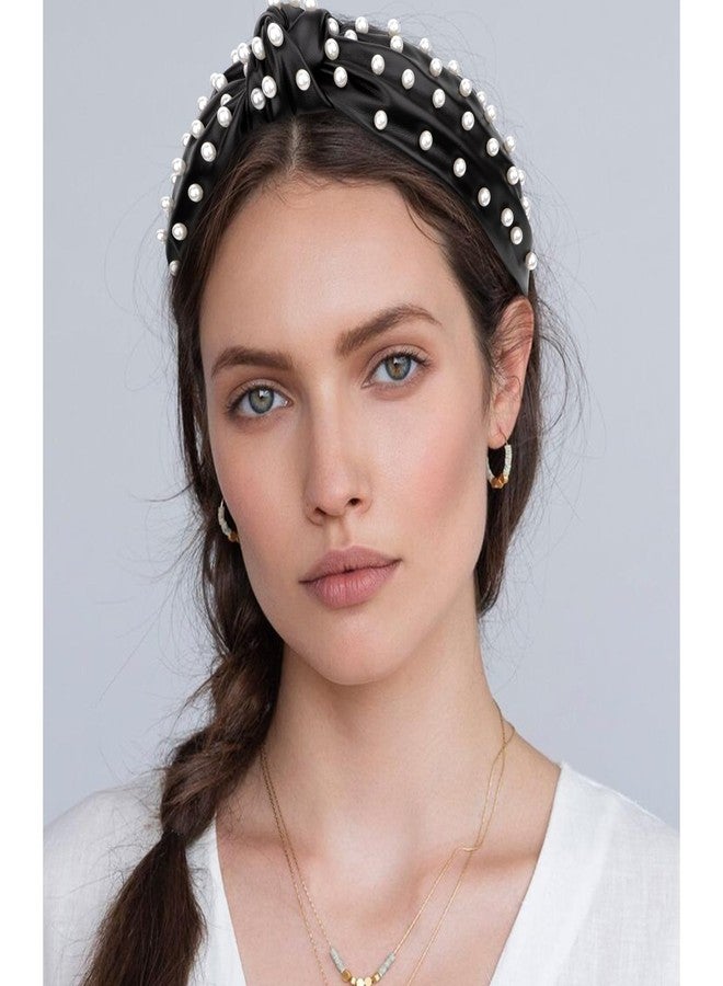 YISSION 1PC Pearl Knotted Headband for Women Non Slip Beaded Headband Wide Leather Headbands for women Jeweled Embellished Hairband Black Head Band Hair Accessories for Women Girls - Image 3