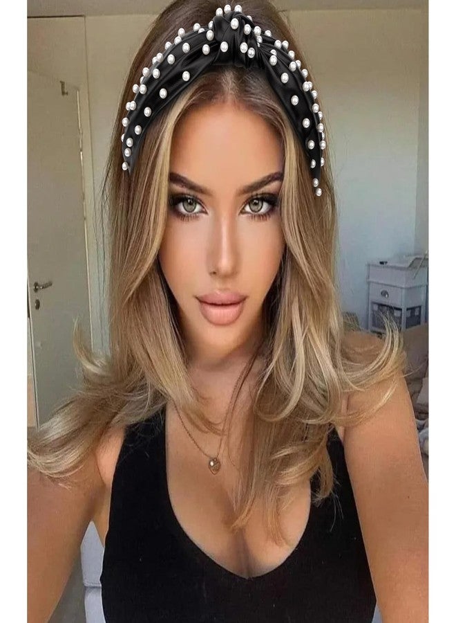 YISSION 1PC Pearl Knotted Headband for Women Non Slip Beaded Headband Wide Leather Headbands for women Jeweled Embellished Hairband Black Head Band Hair Accessories for Women Girls - Image 4