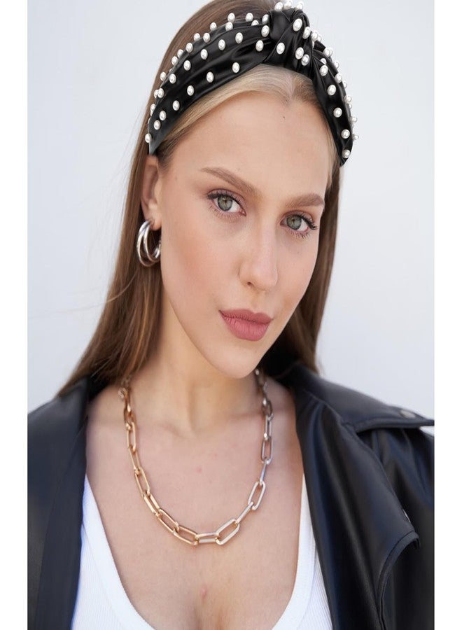YISSION 1PC Pearl Knotted Headband for Women Non Slip Beaded Headband Wide Leather Headbands for women Jeweled Embellished Hairband Black Head Band Hair Accessories for Women Girls - Image 2