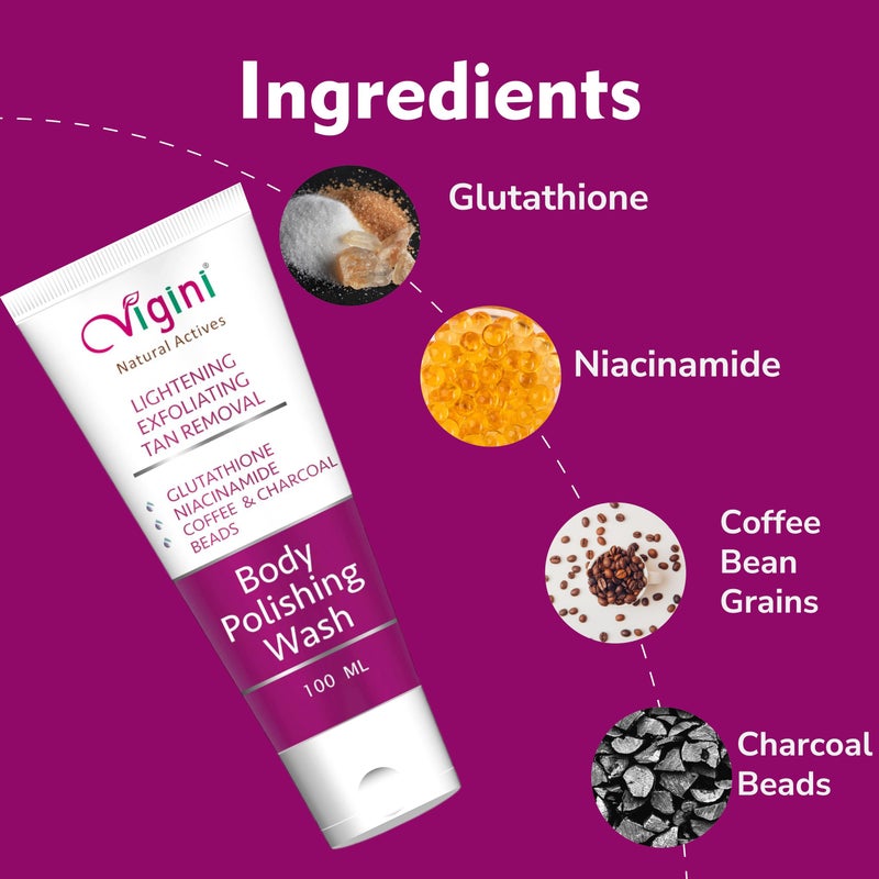 Vigini فغيني مقشر للبقع الداكنة للبشرة الباهتة إزالة تان غلوتاثيون مقشر قهوة غسول الجسم وكريم مرطب لتفتيح البشرة بفيتامين C وحمض كوجيك 1% للرجال والنساء 150 مل - Image 2
