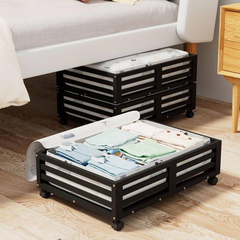 WISUCART Bamboo Under Bed Storage Containers- Underbed Organizer with Wheels with Large Capacity Dust Bag,Sturdy Wood Rolling Under Bed Shoe Storage Organizer 2 Packs (Black, 2 Packs (23.62"Ã—16.54")) - Image 1