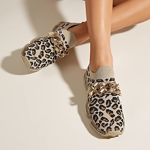 LUCKY STEP Women Air Cushion Fashion Sneakers Breathable Casual Comfortable Lightweight Walking Shoes (Beige/Leopard Chain,8B(M) US) - Image 2