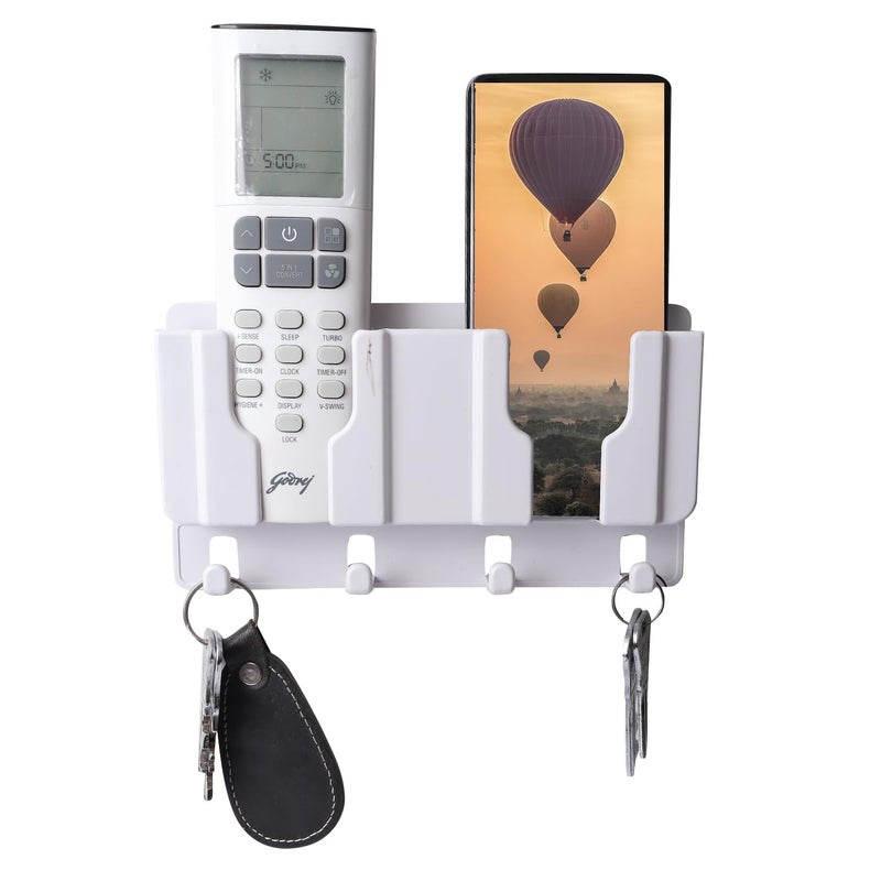 WALLVIEW TECH Plastic Wall Mount Mobile Holder with Remote Control Storage Racks, Key Hanger, Pen Holder Space/Self-Adhesive/Multi Purpose Accessories (White) - Image 1