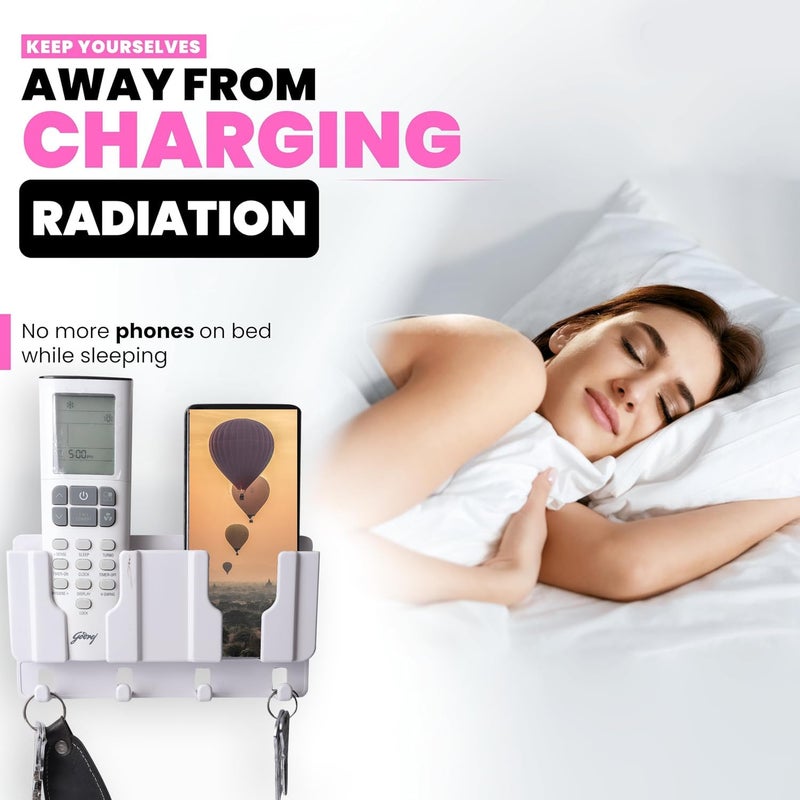 WALLVIEW TECH Plastic Wall Mount Mobile Holder with Remote Control Storage Racks, Key Hanger, Pen Holder Space/Self-Adhesive/Multi Purpose Accessories (White) - Image 2