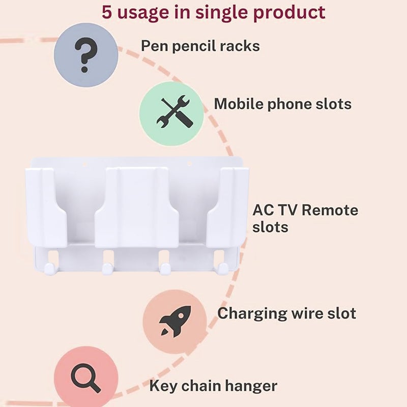 WALLVIEW TECH Plastic Wall Mount Mobile Holder with Remote Control Storage Racks, Key Hanger, Pen Holder Space/Self-Adhesive/Multi Purpose Accessories (White) - Image 3