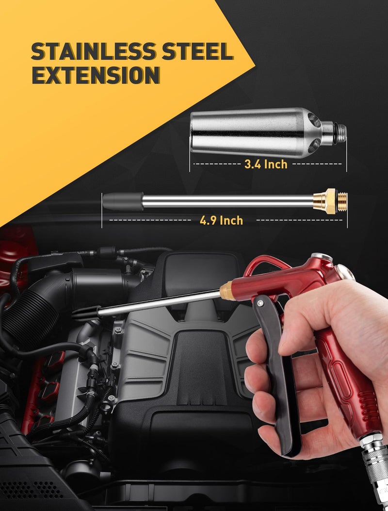 EVOULTES High Volume Air Blow Gun with Powerful Flow Nozzle, Retro Red Air Nozzle Blower Gun with 4.9" Stainless Steel Extension & 1/4'' Standard Quick Plug, Pneumatic Tool for Air Compressor Accessories - Image 3