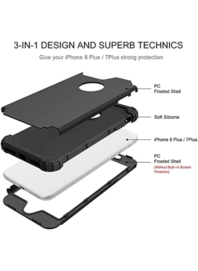 KASTWAVE For Iphone 8 Plus And For Iphone 7 Plus Case 3 In 1 Hybrid Hard Plastic Soft Rubber Heavy Duty Rugged Bumper Shockproof Full Body Protective Phone Cover For Iphone 8 Plus 7 Plus Black - Image 2