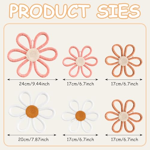 Vidroxin 6Pcs Boho Nursery DecorDaisy Flower Woven Macrame Wall Hanging 3 SizesFloral Wall Art Bohemian Room Decor for Bedroom Above BedHomeDormOffice Decoration SetPink Brown White - Image 3