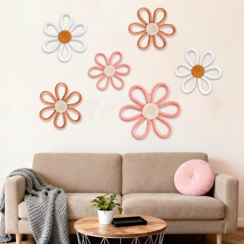 Vidroxin 6Pcs Boho Nursery DecorDaisy Flower Woven Macrame Wall Hanging 3 SizesFloral Wall Art Bohemian Room Decor for Bedroom Above BedHomeDormOffice Decoration SetPink Brown White - Image 2