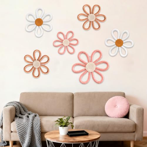 Vidroxin 6Pcs Boho Nursery DecorDaisy Flower Woven Macrame Wall Hanging 3 SizesFloral Wall Art Bohemian Room Decor for Bedroom Above BedHomeDormOffice Decoration SetPink Brown White - Image 1