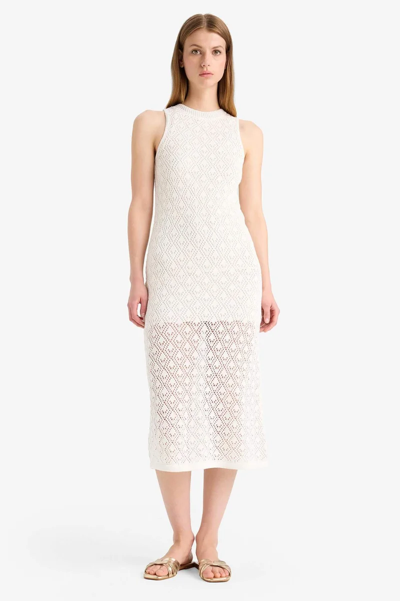 DeFacto Crew Neck Crochet Sleeveless Midi Dress