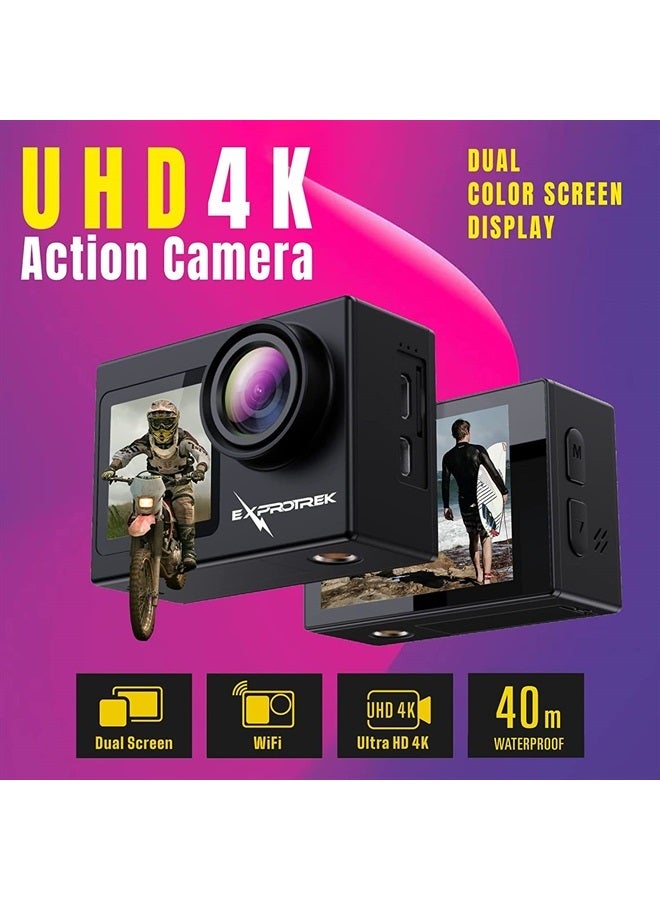 Exprotrek Action Camera 4K 60FPS with Touch Screen,EIS 170 ° Ultra Wide Angle, 40m Waterproof Underwater Remote Control Sports Camera with Helmet Accessories - Image 2