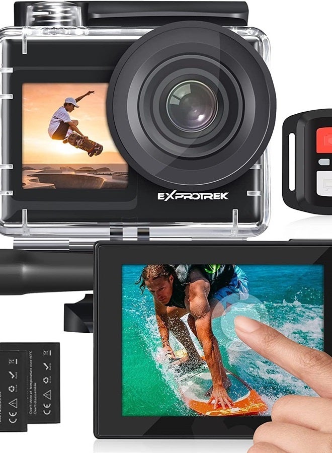 Exprotrek Action Camera 4K 60FPS with Touch Screen,EIS 170 ° Ultra Wide Angle, 40m Waterproof Underwater Remote Control Sports Camera with Helmet Accessories - Image 1