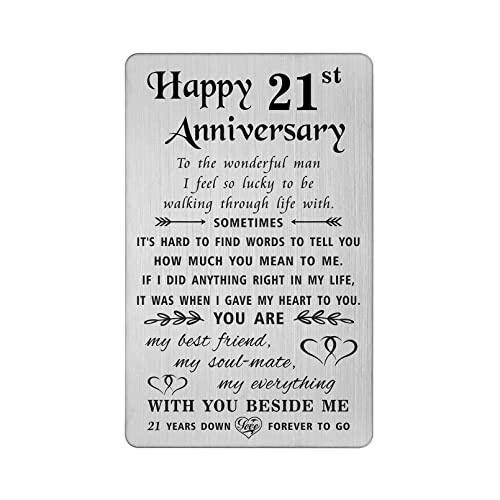 TANWIH 21st Anniversary Card Gifts for Him Husband, 21 Year Anniversary Card Gifts for Him Men, 21st Wedding Anniversary for Husband, Engraved Metal Wallet Cards - Image 1