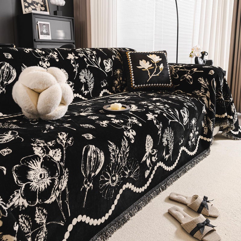 DREAMINGO Black Floral Couch Cover Farmhouse Botanical Jacquard Sofa Covers for 3 Cushion Couch Cozy Chenille Living Room Furniture Futon Sectional Sofa Slipcovers Washable, X-Large 71"x134" - Image 3