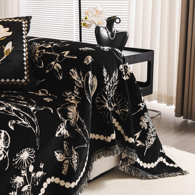 DREAMINGO Black Floral Couch Cover Farmhouse Botanical Jacquard Sofa Covers for 3 Cushion Couch Cozy Chenille Living Room Furniture Futon Sectional Sofa Slipcovers Washable, X-Large 71"x134" - Image 4