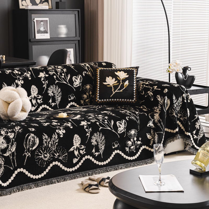 DREAMINGO Black Floral Couch Cover Farmhouse Botanical Jacquard Sofa Covers for 3 Cushion Couch Cozy Chenille Living Room Furniture Futon Sectional Sofa Slipcovers Washable, X-Large 71"x134" - Image 2