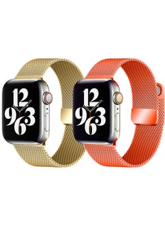 [set of 2] YOMNA Magnetic Metal Milanese Loop Band Compatible with Apple Watch Band 42mm 44mm 45mm 49mm, Mesh Strap Replacement for iWatch Series Ultra SE 8 7 6 5 4 3 2 1 (Gold/Orange)