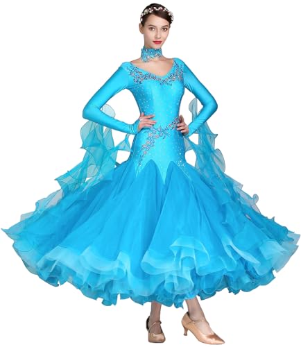 ORIDOOR Flash Rhinestone Ballroom Dance Waltz Tango Standard Competition Dance Dress 03Sky Blue Large - Image 1