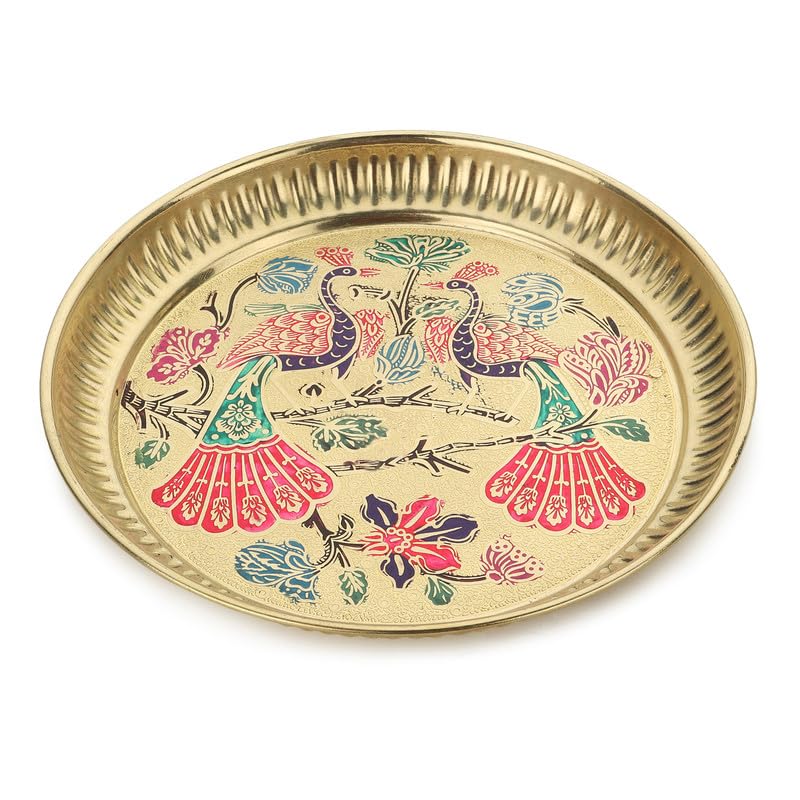 DOKCHAN Pure Brass Peacock Thali | Peacock Designer Brass Plate | Premium Peacock Design Pooja thali (Size - 6 inches) - Image 1