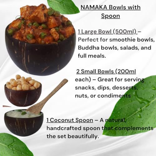 NAMAKA Coconut Shell Bowl (500 ml Large Jumbo Bowl - 1no, 250 to 300 ml Bowl 2 Nos & 1 Spoon 6 Inch Length)– Glossy Polished, Flat-Bottomed for Stability, Ideal for All hot & Cold Beverages - Image 2