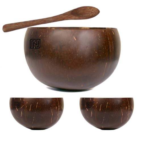 NAMAKA Coconut Shell Bowl (500 ml Large Jumbo Bowl - 1no, 250 to 300 ml Bowl 2 Nos & 1 Spoon 6 Inch Length)– Glossy Polished, Flat-Bottomed for Stability, Ideal for All hot & Cold Beverages - Image 1
