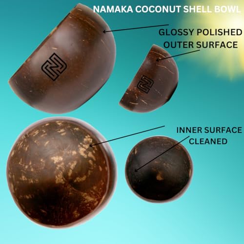 NAMAKA Coconut Shell Bowl (500 ml Large Jumbo Bowl - 1no, 250 to 300 ml Bowl 2 Nos & 1 Spoon 6 Inch Length)– Glossy Polished, Flat-Bottomed for Stability, Ideal for All hot & Cold Beverages - Image 3