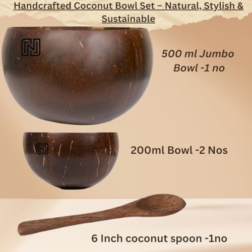 NAMAKA Coconut Shell Bowl (500 ml Large Jumbo Bowl - 1no, 250 to 300 ml Bowl 2 Nos & 1 Spoon 6 Inch Length)– Glossy Polished, Flat-Bottomed for Stability, Ideal for All hot & Cold Beverages - Image 4