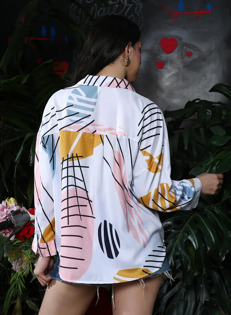 PINACOLADA  Women's Cream White Contrast-Foliage Imprint Oversized Shirt for Women | Best Price UAE