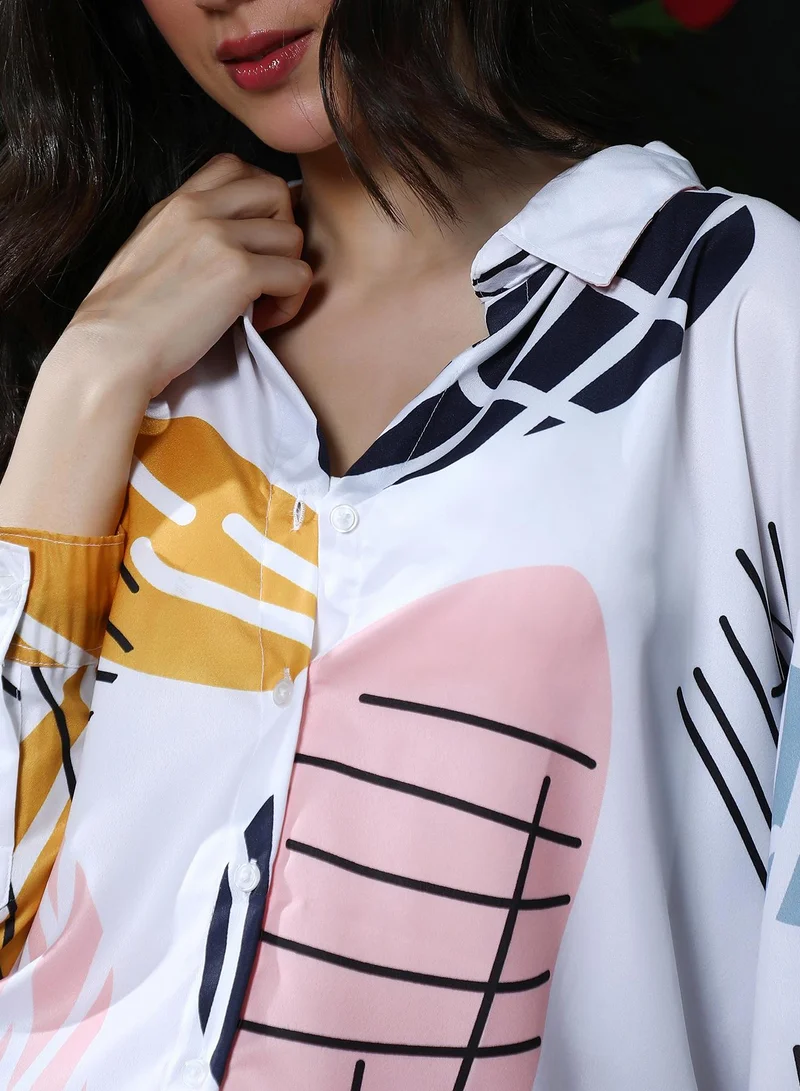 PINACOLADA  Women's Cream White Contrast-Foliage Imprint Oversized Shirt for Women | Best Price UAE