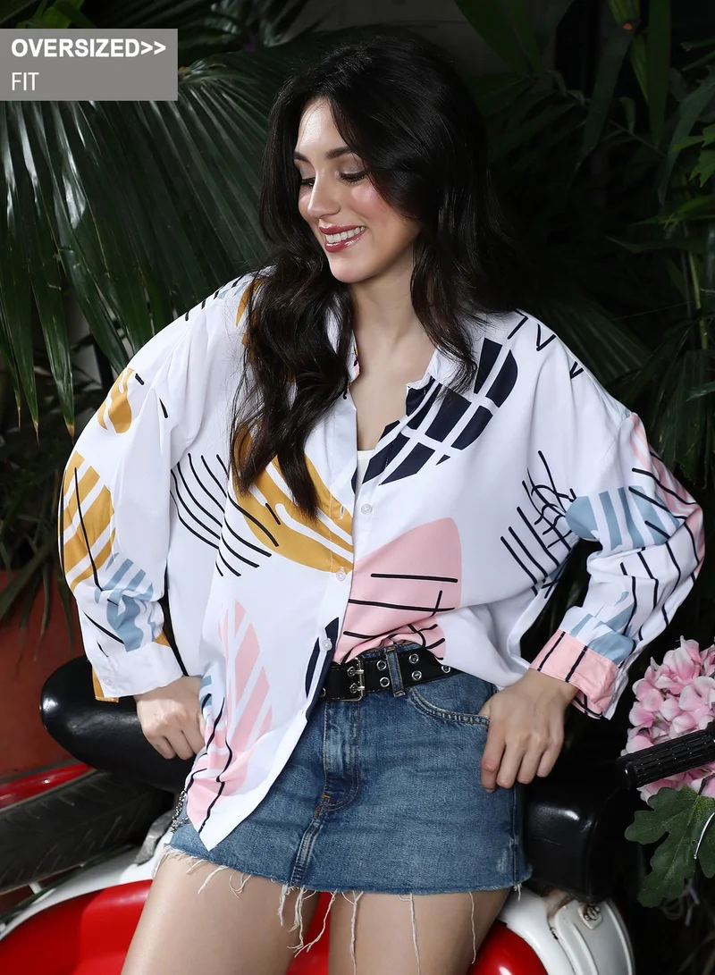 Women's Cream White Contrast-Foliage Imprint Oversized Shirt
