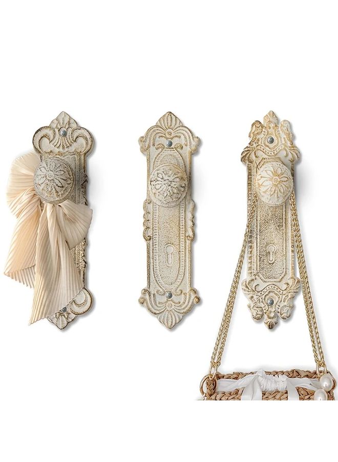 Vintage Rustic White Cast Iron Wall Hooks Set Of 3 For Coats Hats Bags Storage Organizer - Image 2
