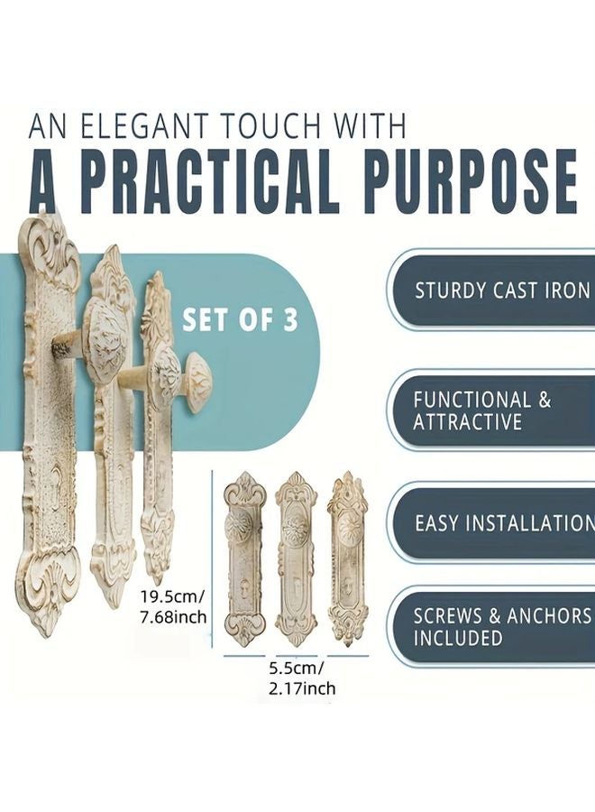 Vintage Rustic White Cast Iron Wall Hooks Set Of 3 For Coats Hats Bags Storage Organizer - Image 4