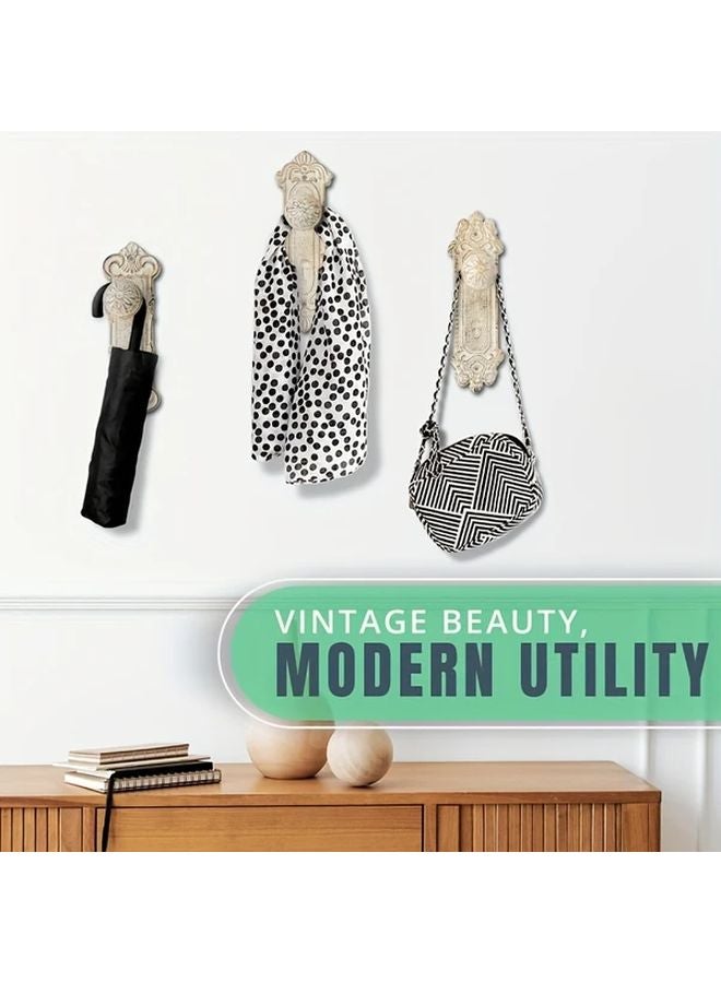 Vintage Rustic White Cast Iron Wall Hooks Set Of 3 For Coats Hats Bags Storage Organizer - Image 5