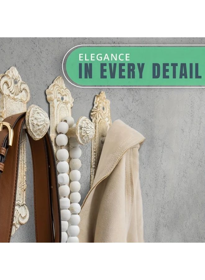 Vintage Rustic White Cast Iron Wall Hooks Set Of 3 For Coats Hats Bags Storage Organizer - Image 3