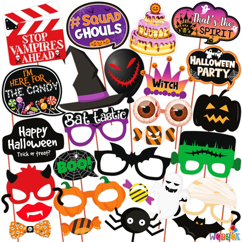 Wobbox Halloween Photo Booth Party Props DIY Kit, Multi Colour, Halloween Decoration Item (27 Pcs) - Image 1