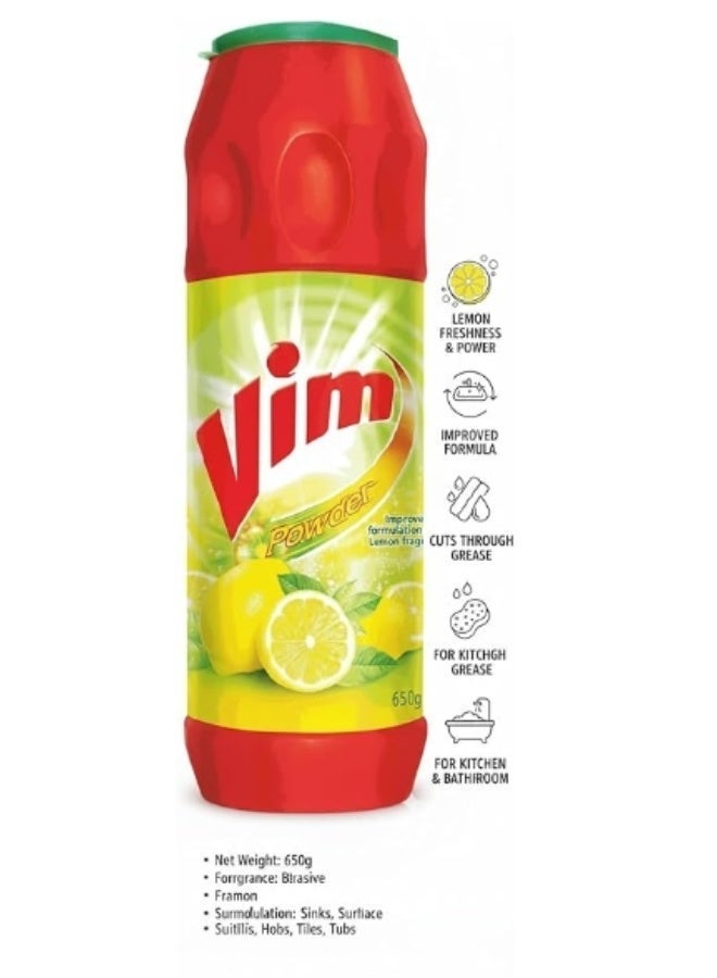 Vim Original Dishwash Powder with Power of Lemons, 650g – Heavy Duty Grease Removal for All Utensils - Scouring Powder- pack of 2 - Image 2