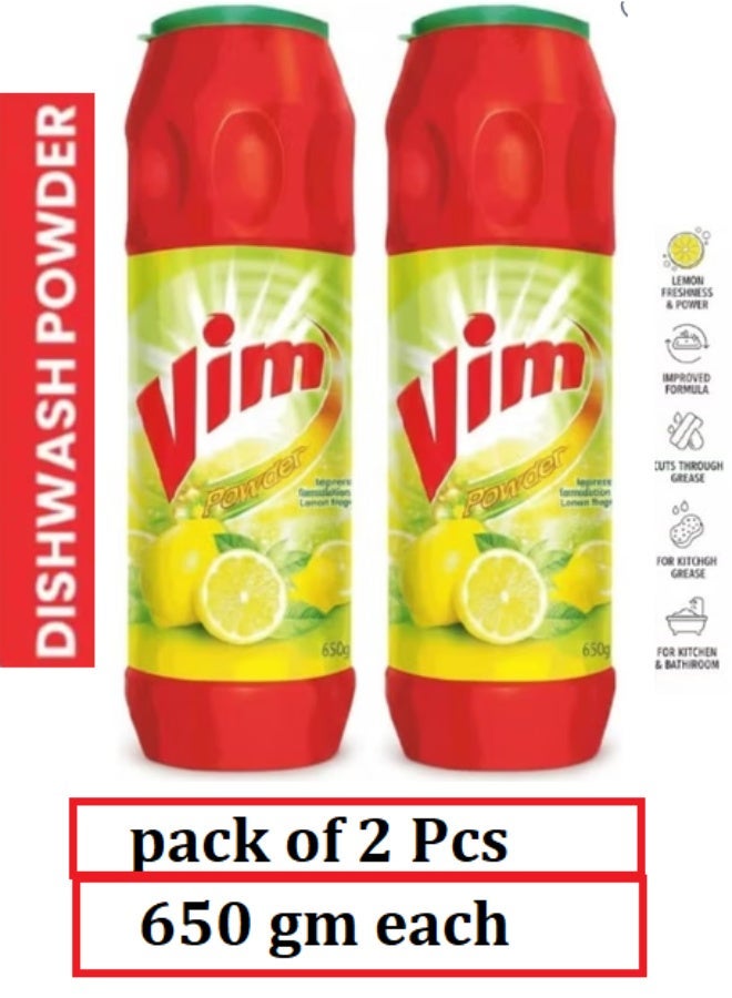 Vim Original Dishwash Powder with Power of Lemons, 650g – Heavy Duty Grease Removal for All Utensils - Scouring Powder- pack of 2 - Image 1