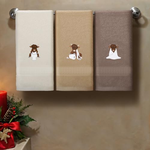 FuWeave 3 Pcs Highland Cow Hand Towels Embroidered Cow Farmhouse Decorative Bath Towels for Bathroom Kitchen Decor Country Farm Highland Holiday Housewarming Gifts, 100% Cotton, 13.3 x 29.5'' - Image 4