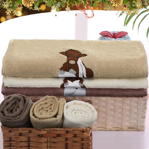 FuWeave 3 Pcs Highland Cow Hand Towels Embroidered Cow Farmhouse Decorative Bath Towels for Bathroom Kitchen Decor Country Farm Highland Holiday Housewarming Gifts, 100% Cotton, 13.3 x 29.5'' - Image 5
