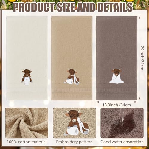 FuWeave 3 Pcs Highland Cow Hand Towels Embroidered Cow Farmhouse Decorative Bath Towels for Bathroom Kitchen Decor Country Farm Highland Holiday Housewarming Gifts, 100% Cotton, 13.3 x 29.5'' - Image 2